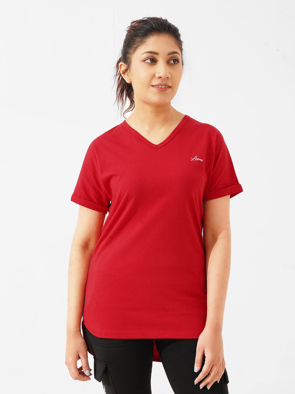 Cover Long Loose Fit V-Neck Top in Red